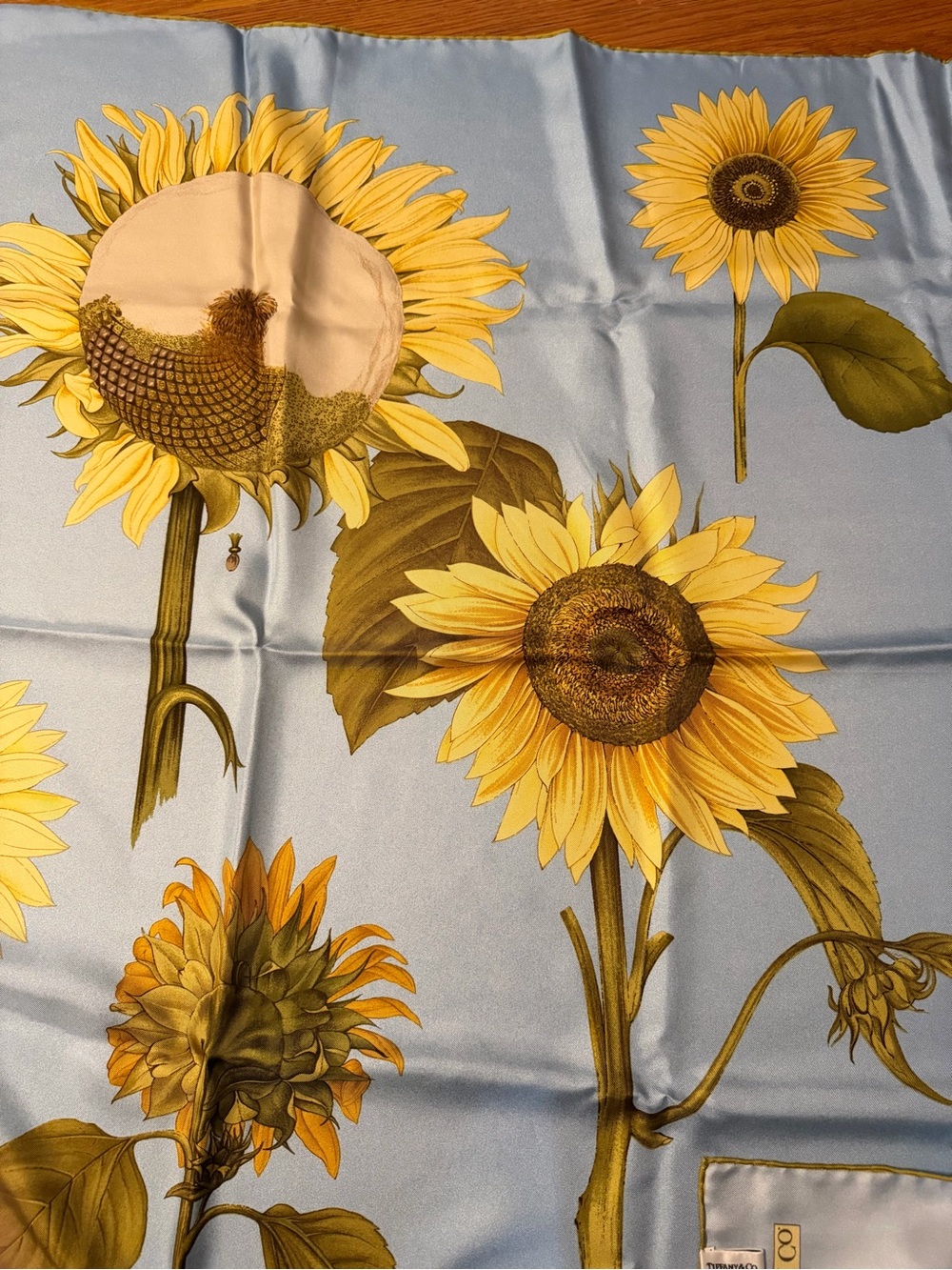 Authentic Tiffany & Co Sunflower Print 100% Silk Scarf in Pastel Blue and Yellow - Picture 9 of 11